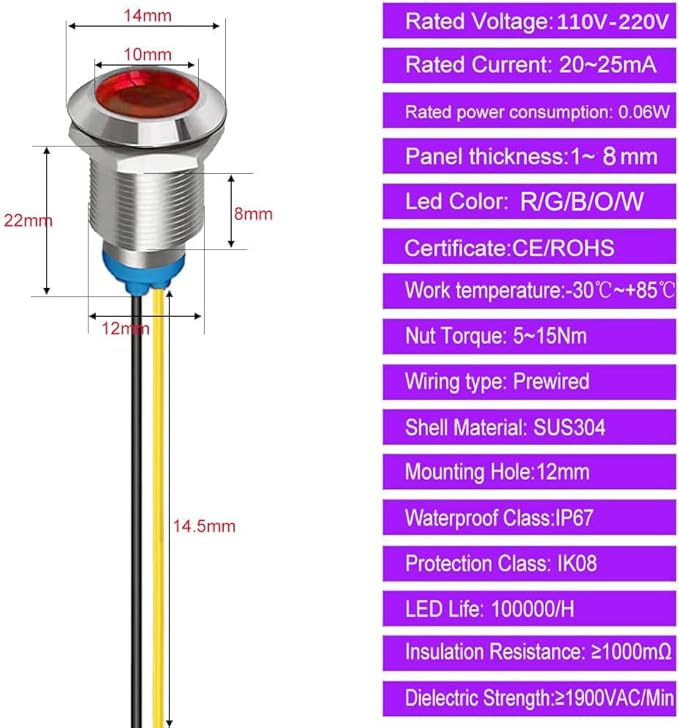 5Pcs 10mm 110V-220VAC LED Metal Indicator Light Waterproof Signal Lamp (Green/Orange/Red/Blue/White 5Pcs)