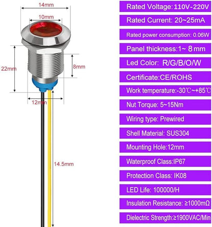 5Pcs 10mm 110V-220VAC LED Metal Indicator Light Waterproof Signal Lamp (Green/Orange/Red/Blue/White 5Pcs)