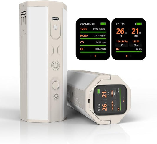 Portable Air Monitor, Lumopal Air Sensor with CO/TVOC/HCHO/EX/Humidity/Temp/Pressure Detector Indoor/Outdoor, VOC Meter CO Detector Gas Alert with 8000mah Long Lasting for Home Camping (White)