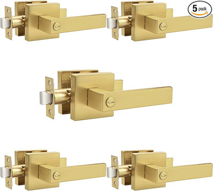 Probrico Heavy Duty Flat Gold Door Handles Square Privacy Interior Door Levers Bedroom and Bathroom Door Handles Keyless Bed/Bath Lockset (5 Pack)