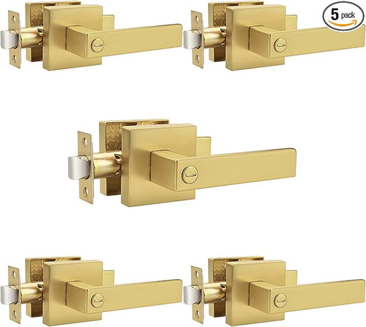 Probrico Heavy Duty Flat Gold Door Handles Square Privacy Interior Door Levers Bedroom and Bathroom Door Handles Keyless Bed/Bath Lockset (5 Pack)