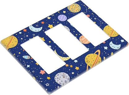 Stars Starry Night Sun Moon Planet Constellations Light Switch Covers 3 Gang Rocker Decorative Triple Outlet Wall Plate Cover Electrical GFCI Switchplate for Bedroom Bathroom Decor