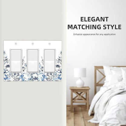 Light Switch Covers Light Blue Watercolor Leaves Plant With Floral 3 Gang Rocker Electrical GFCI Decorative Triple Outlet Wall Plate Cover Switchplate for Bedroom Bathroom Decor