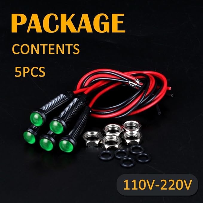 5pcs 6mm LED Indicator Light Plastic Black Signal Dot Lamp 110-220VAC 1/4" Mounting Hole Size with 15cm/5.9in. Wire (Green LED)
