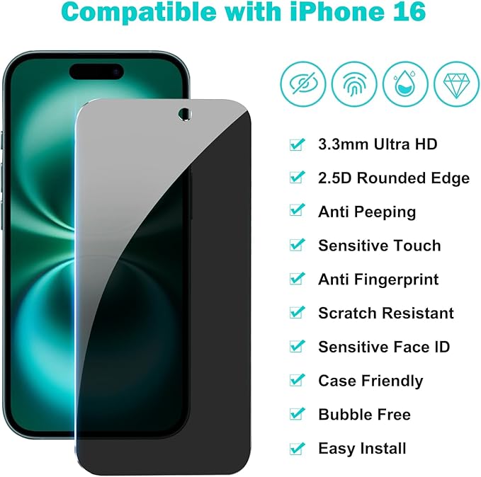 PEHAEL 3+3Pack for iPhone 16 Privacy Screen Protector with Camera Lens Protector Full Coverage Anti-Spy Tempered Glass Film 9H Hardness Easy Installation Bubble Free [6.1 inch]