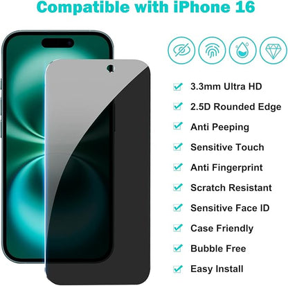 PEHAEL 3+3Pack for iPhone 16 Privacy Screen Protector with Camera Lens Protector Full Coverage Anti-Spy Tempered Glass Film 9H Hardness Easy Installation Bubble Free [6.1 inch]
