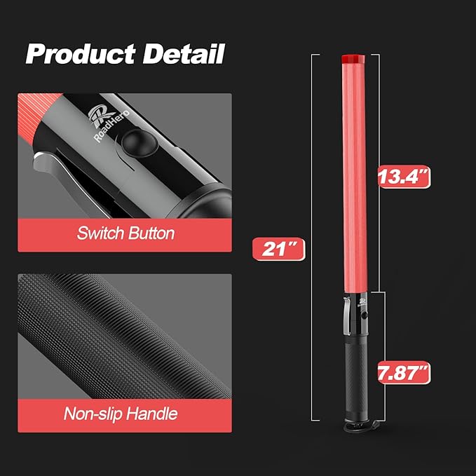 RoadHero 8 Pack Traffic Wand, 21 Inch Led Traffic Control Baton, Safety Light Wands with 2 Flashing Modes, Air Marshaling Signal Wand with Side Clip for Airport, Parking, Car Directing