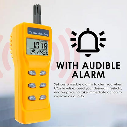 CO2 Meter Portable CO2 Detector Digital CO2 Monitor with Alarm Function Carbon Dioxide Temperature and Humidity Meter, NDIR CO2 Sensor Indoor Air Quality Monitor for Home Office Grow Room