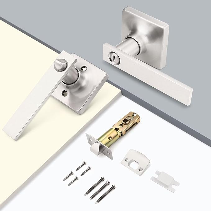 GOBEKOR 8 Pack Interior Door Handles Brushed Nickel Privacy Door Levers Square Bedroom Door Handles with Lock Privacy Door Levers Bathroom Lever