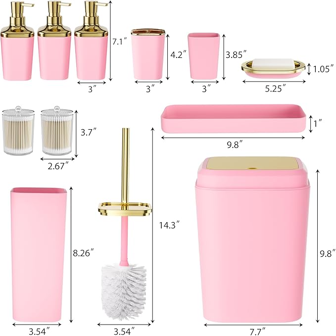 Bathroom Accessory Set, 11PC Bathroom Set, Pink Bathroom Accessories, Bathroom Accessories Set with Trash Can, 3PC Soap Dispensers and Toilet Brush