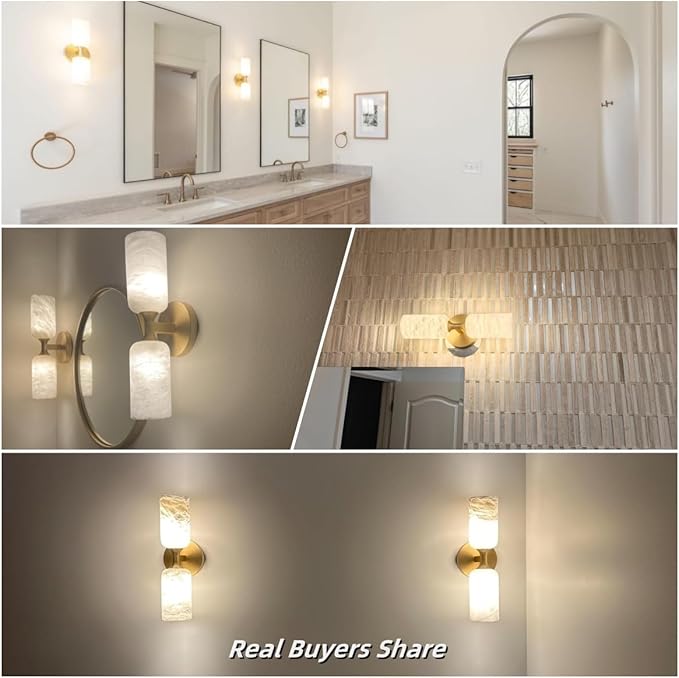 Alabaster Wall Sconces Set of 2, 14in Modern Spanish Natural Marble Vanity Light, Dimmable Hardwired Brass Gold Wall Sconce Lighting for Bathroom Mirror, Bedroom, Luxury Natural Stone Wall Fixtures