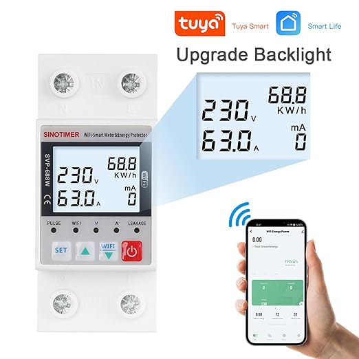 WiFi Smart Energy Meter AC 63A 80-300V WiFi Earth Leakage Over Under Voltage Protector Circuit Breaker Din Rail Electricity Energy Monitor APP Remote Control Smart Life 230V (LCD)