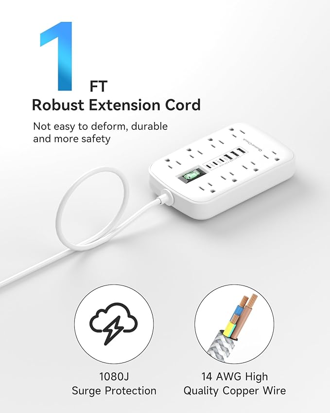 Short Extension Cord 1 ft - Small Power Strip Flat Outlet Extender Surge Protector with 8 AC Outlets 6 USB (5V/4.8A 24W), Mini Extension Cord Flat Wall Plug for Home Office Dorm Kitchen Bathroom