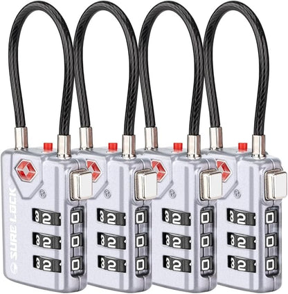 SURE LOCK TSA Compatible Travel Luggage Locks, Inspection Indicator, Easy Read Dials TSA Approved with Zinc Alloy Grey 4 Pack