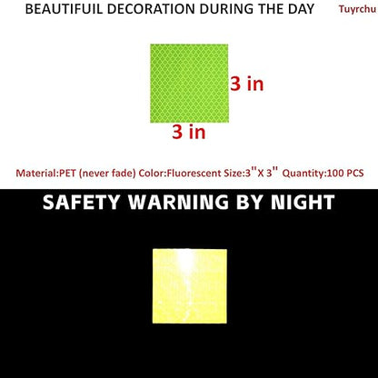 Non Fading Fluorescent Yellow Reflective Stickers 3 inch X 3 inch, Outdoor Waterproof High Visibility Safety Adhesive Reflector (100 Pcs)