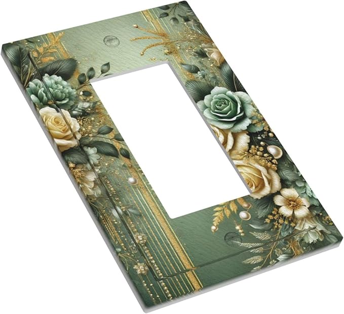 Decorative Outlet Covers Rustic Green Floral Leaves Teal Flowers Gold Stripe 1 Gang Single Decora GFCI Device Light Switch Covers Plate 1 Rocker Wall Plate Jumbo Faceplate