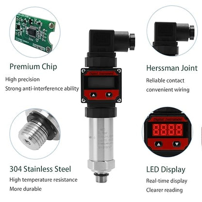 LEFOO Digital Pressure Transmitter 4-20mA Pressure Sensor Transducer with LCD Digital Display (Power Supply: 12-30VDC, Pressure Range: 0-145PSI)