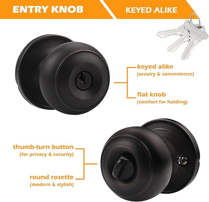 Gobrico Flat Ball Round Keyed-Alike Entry Knob for Exterior Door Oil Rubbed Bronze Finished 3Pack