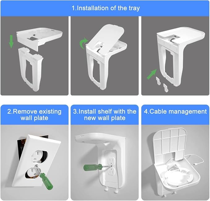 Suptek Wall Outlet Shelf 2 Pack,Home Wall Shelf Organizer for Outlets,Perfect for Bathroom, Kitchen, Bedrooms,Hold Cell Phone,Speaker up to 20lbs,With Cable Management and Detachable Hooks,White(S3W2)