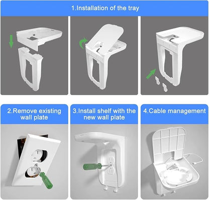 Suptek Wall Outlet Shelf 2 Pack,Home Wall Shelf Organizer for Outlets,Perfect for Bathroom, Kitchen, Bedrooms,Hold Cell Phone,Speaker up to 20lbs,With Cable Management and Detachable Hooks,White(S3W2)