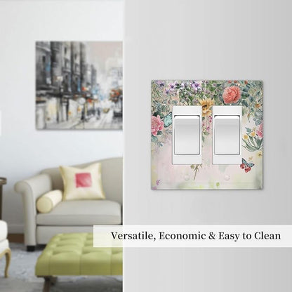 Rustic Floral Watercolor Flower Blossom Butterfly Outlet Covers Light Switch Cover Plate 2 Gang Double Rocker Wall Plates Decorative Switch Plates Plug Cover Electrical GFCI Receptacle 4.9 X 5 IN