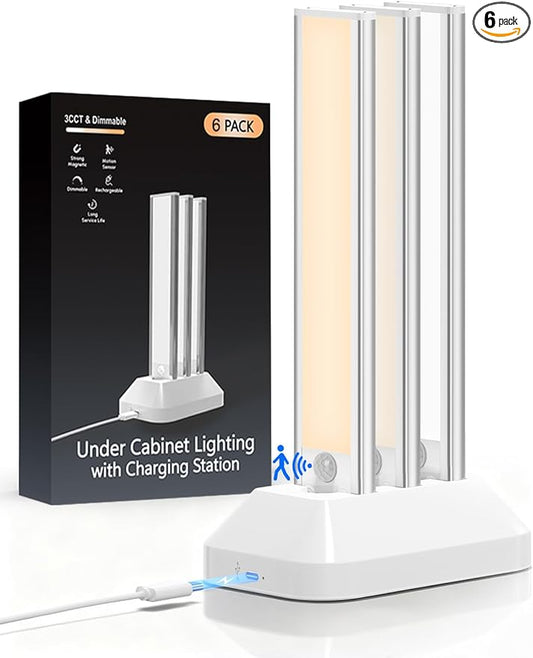 2000mAh Rechargeable Motion Sensor Light Indoor, Under Cabinet Lighting with Charging Station, 3 Color Tempers Dimmable Closet Lights Wireless, Magnetic Under Cabinet Lights for Kitchen, 6-Pack
