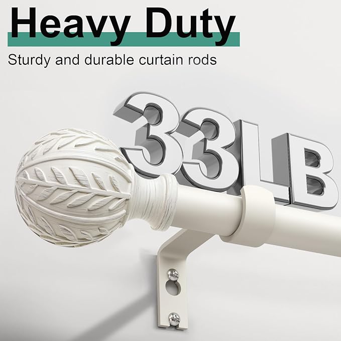 Antique White Curtain Rods for Windows 28 to 48 inch,1" Adjustable Heavy Duty Window Curtain Rod with Leaf Finials,Rustic Decorative Drapery Rods Set,Size:18-60''