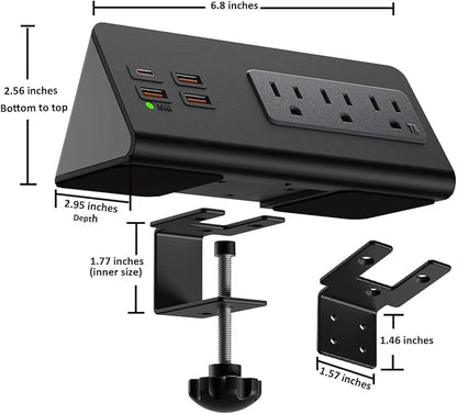 Upgraded Version Edge Mount Power Strip with USB-C Ports Tabletop Surge Protector Desk Clamp Power Sockets with 3 AC Outlets &4 Fast Charging USB Ports for Home Office Hotel Dormitory (White- 2pack)