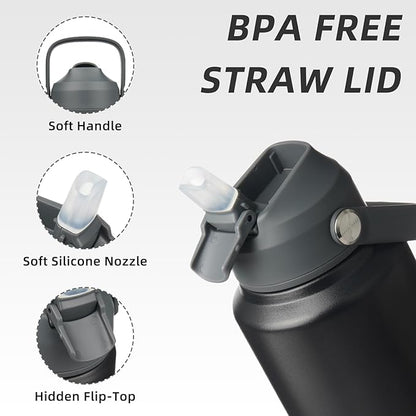 BJPKPK Water Bottle with Straw Lid, 32oz Vacuum Insulated Water Bottles, Metal Stainless Steel Thermo for Sports, Travel, BPA Free Leak Proof Thermo, Cups, Flasks, Tumblers,Black