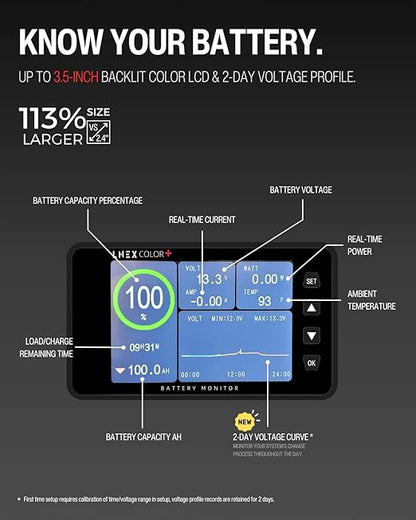500A Battery Monitor with Shunt, 3.5" Color Screen RV Monitor with 16ft Cable, Support High Low Voltage Current Programmable Alarm for 8-120V Lifepo4, Lithium, Gel, Flooded Battery