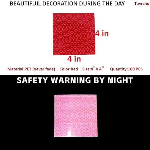 Non Fading Red Reflective Stickers 4 inch X 4 inch, Outdoor Waterproof High Visibility Warning Safety Adhesive Reflector Tape (100 Pcs)