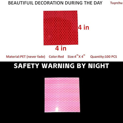 Non Fading Red Reflective Stickers 4 inch X 4 inch, Outdoor Waterproof High Visibility Warning Safety Adhesive Reflector Tape (100 Pcs)