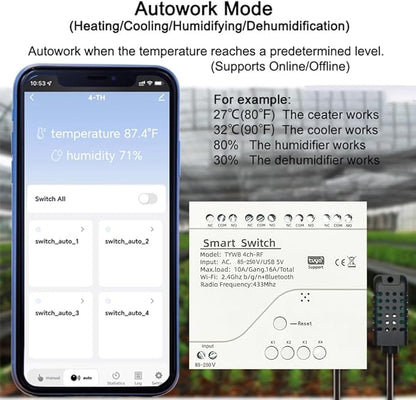 Tuya WiFi Smart Temperature Sensor Controller, 4CH 85-250V Relay Switch, Remote Voice Control, APP Remote Control, Dry Contact, Real-Time Monitoring, Compatible with Alexa and Google Home
