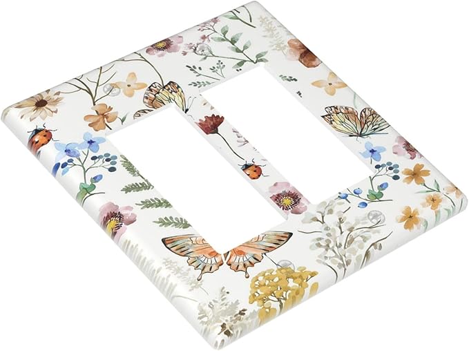 Decorative Outlet Covers Rustic White Butterfly Flowers Leaves 2 Gang Wall Plate Double Rocker Two Switch Wall Cover Plate Light Switch Cover Plate Faceplate for Country Bedroom Decor