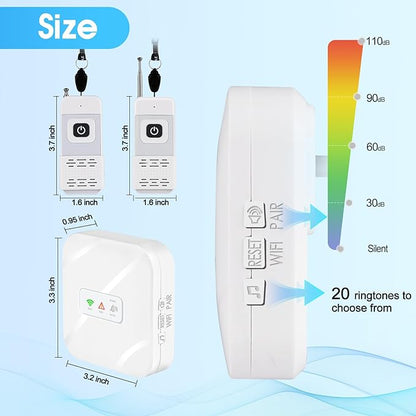 WiFi Smart Wireless Caregiver Pager Call Button System for Elderly Fall Monitoring with App Alerts & 110dB Loud Receiver, Anti-Mistouch Design (2 Panic Buttons + 1 Receiver)