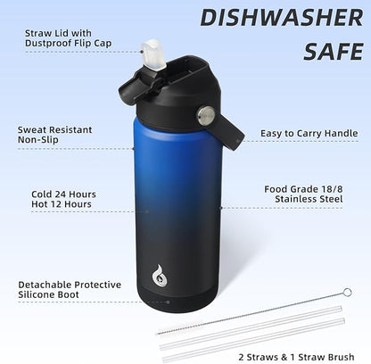 BJPKPK Insulated Water Bottle with Straw Lid, 18oz Thermo Water Bottles, Flex Handle & Non-slip Boot, BPA Free Leak Proof Stainless Steel Metal Thermo, Tumblers, Cups,Black Blue