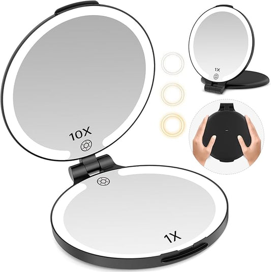 FUNTOUCH Travel Mirror with Light, 1X/10X Rechargeable Makeup Mirror with Magnifying, 7'' Double Sided 3 Color Lighting Modes for Travel Essential, Portable Vanity Mirror, Black