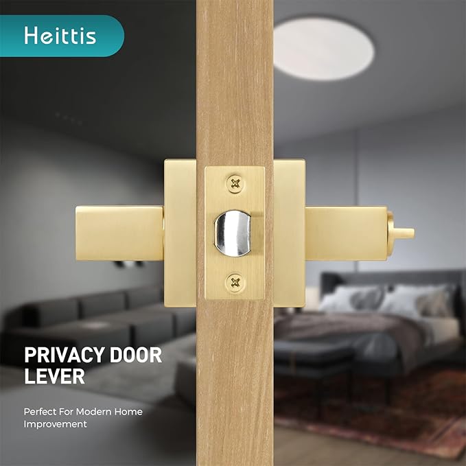 5 Pack Privacy Gold Door Knobs Square Heavy Door Levers for Bed/Bath Room Interior Door Lock Keyless Door Handle for Left and Right Reversible