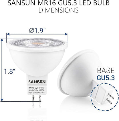 5W MR16 LED Landscape Light Bulbs, Low Voltage 12V Outdoor Landscape Spotlight and Indoor Track Light, GU5.3 Bi-Pin Base, Soft White 3000K, Non-Dimmable, (Pack of 4)
