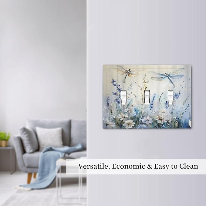 Decorative Light Switch Cover Plate Watercolor Dragonfly Blue Wihte Flower 3 Gang Wall Plates for Electrical Outlets Triple Toggle Switch Plate Covers Outlet Covers Faceplate for Home Decor