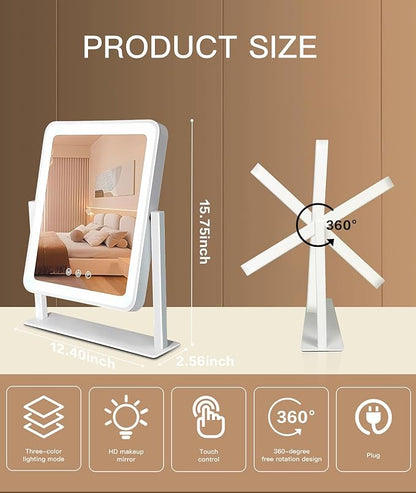 Lighted Makeup Mirror, Hollywood Vanity Mirror, 3 Color Lighting Modes, 360° Rotation, HD Glass Mirror, and 10X Magnification Mirror Smart Touch Control for Home & Travel (White)