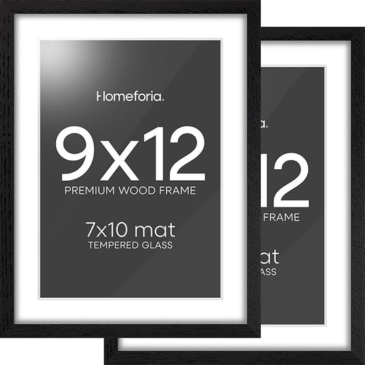Homeforia 9x12 Black Wood Picture Frame, High End Oak 9 x 12 Frames with Mat 7 by 10 Art, 9by12 Black Wooden Frame Matted to 7x10 inch Photo, Wall or Tabletop Frame, Tempered Glass, Wall Kit, Set of 2