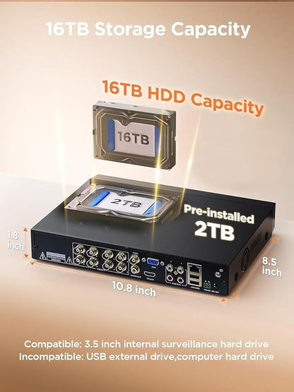 TIGERSECU Ultra HD 5MP 8 + 8 Channel Security DVR/NVR with 4TB Hard Drive, Expandable to 16 Cameras, Hybrid 6-in-1 Home Surveillance Recorder for 8 TVI, AHD, CVI, Analog, RS485 PTZ and 8 IP Cameras