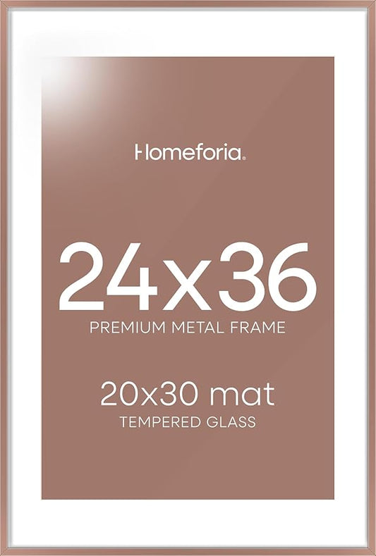 Homeforia 24x36 Picture Frame Mocha, High End Metal 24 x 36 Large Poster Frames with Mat 20 by 30 inch Photo, 24x36 Thin Frame Matted to 20x30 in Print, 36x24 Frame, Tempered Glass, Wall Kit, Set of 1