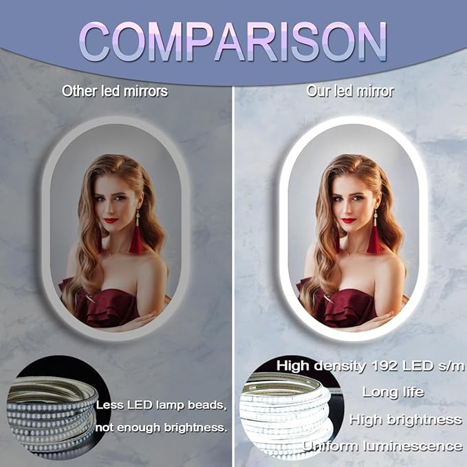 40 x 20 Inch Oval Backlit Mirror 3 Color Adjustable Brightness Backlits Oval Lighted Vanity Mirror for Bathroom Wall Horizontal Vertical Mount Antifog 40" Frameless LED Backlit Ovals Mirrors