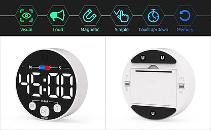 Large LED Digital Timer, Magnetic Countdown Loud Timer for Kitchen Cooking, Classroom Whiteboard, Kids, Toddler, Game, Productivity, Focus, Work, Task, Office, Meeting – Small, Simple, Visual, White