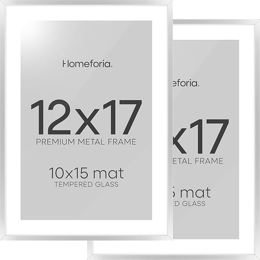 Homeforia 12x17 Picture Frame Silver, High End Metal 12x17 Frames with Mat 10x15 for Photo, 12 x 17 Silver Poster Frame Matted to 10 x 15 Print, 17x12 Hanging Frame, Tempered Glass, Wall Kit, Set of 2
