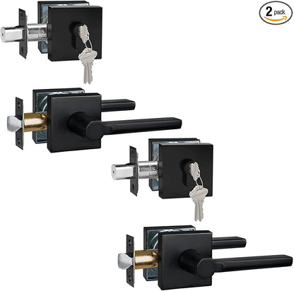 2 Sets Passage Door Lever and Single Cylinder Deadbolt Lock Set, Heavy Duty Square Handle for Entrance and Front Door, Matte Black, Different Keys