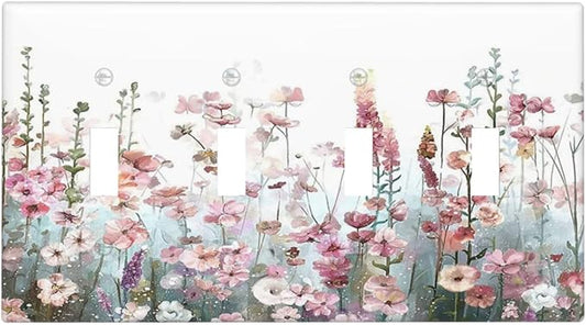 Colorful Flowers Pink Floral Watercolor Plant Light Switch Covers Quad Toggle Electrical Faceplate 4 Gang Wall Plate Decorative Switch Plates for Bed Room Living Room Decor