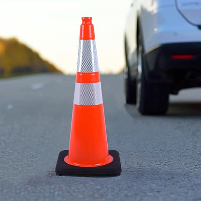 4 Pack 28 Inch Orange PVC Traffic Cones Black Base Stable Flexible, Road Safety Construction Zone Crowd Control Parking Safety Markers (4, Orange, 28 Inch)